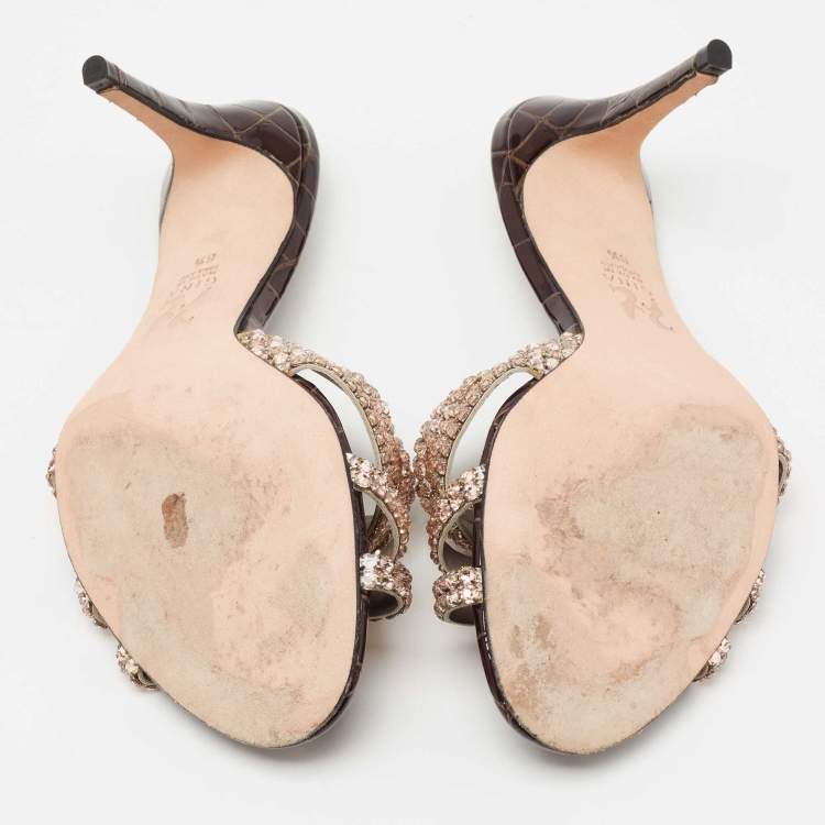 Pre Owned Gina Loren Brown Croc Embossed Patent Leather Slide Sandals Size 39.5