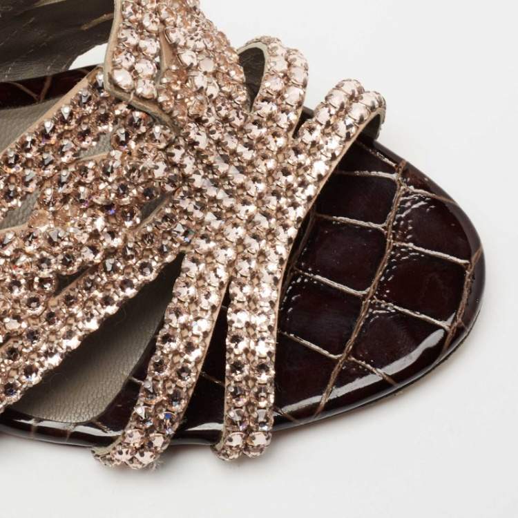 Pre Owned Gina Loren Brown Croc Embossed Patent Leather Slide Sandals Size 39.5