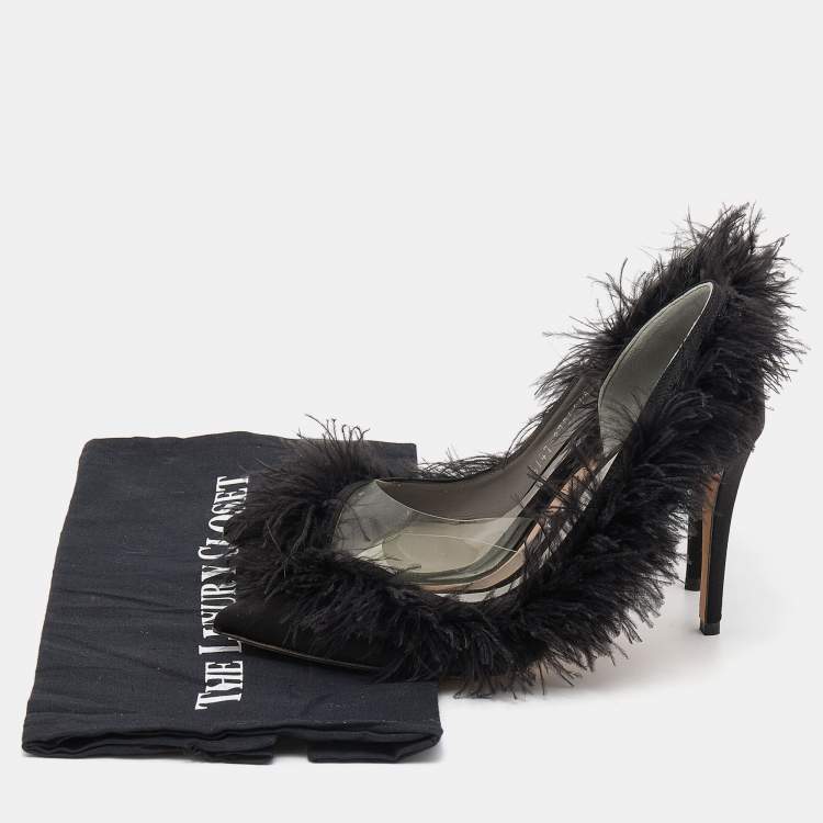Pre Owned Gina Black Satin And Fur D'orsay Pointed Toe Pumps Size 37.5