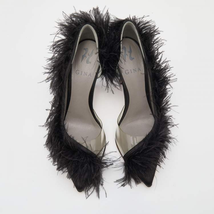 Pre Owned Gina Black Satin And Fur D'orsay Pointed Toe Pumps Size 37.5