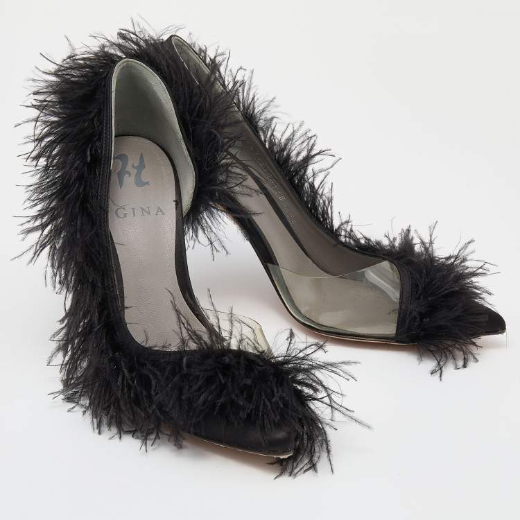 Pre Owned Gina Black Satin And Fur D'orsay Pointed Toe Pumps Size 37.5