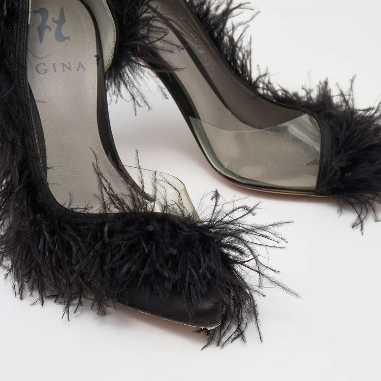 Pre Owned Gina Black Satin And Fur D'orsay Pointed Toe Pumps Size 37.5