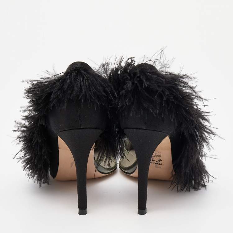 Pre Owned Gina Black Satin And Fur D'orsay Pointed Toe Pumps Size 37.5