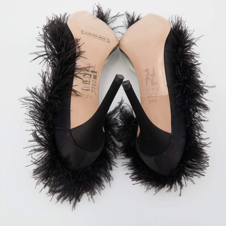 Pre Owned Gina Black Satin And Fur D'orsay Pointed Toe Pumps Size 37.5