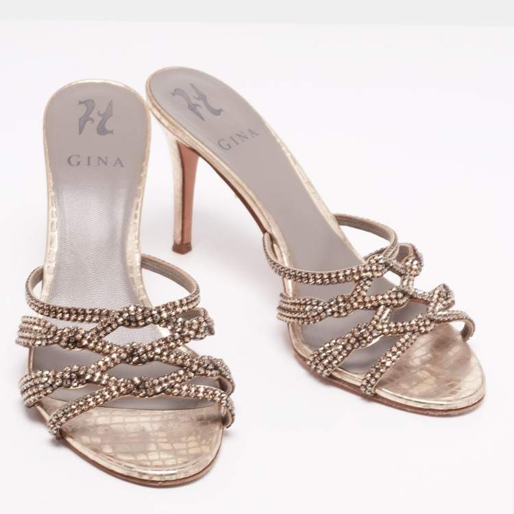 Pre Owned Gina Gold Crystal Embellished Leather Slide Sandals Size 39.5