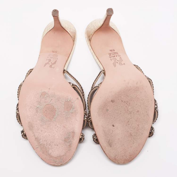 Pre Owned Gina Gold Crystal Embellished Leather Slide Sandals Size 39.5