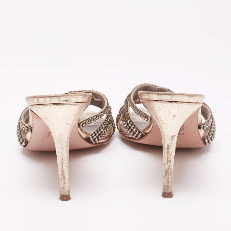 Pre Owned Gina Gold Crystal Embellished Leather Slide Sandals Size 39.5