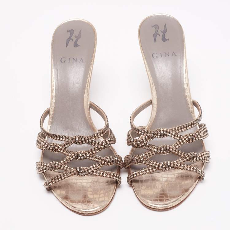Pre Owned Gina Gold Crystal Embellished Leather Slide Sandals Size 39.5