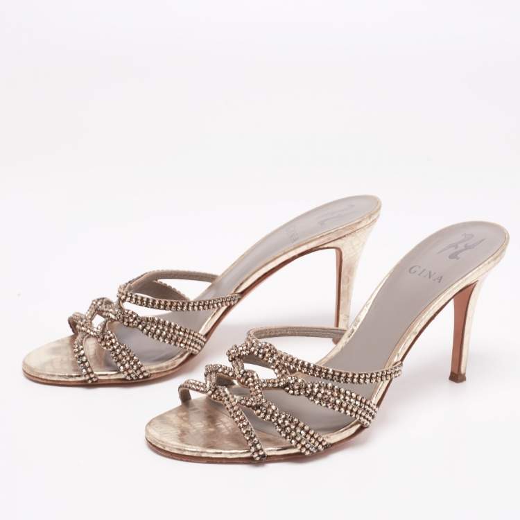 Pre Owned Gina Gold Crystal Embellished Leather Slide Sandals Size 39.5