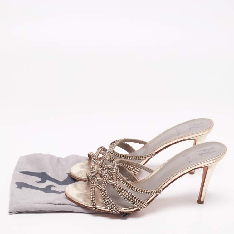 Pre Owned Gina Gold Crystal Embellished Leather Slide Sandals Size 39.5