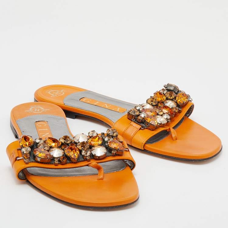 Pre Owned Gina Orange Crystal Embellished Leather Thong Flats Size 38