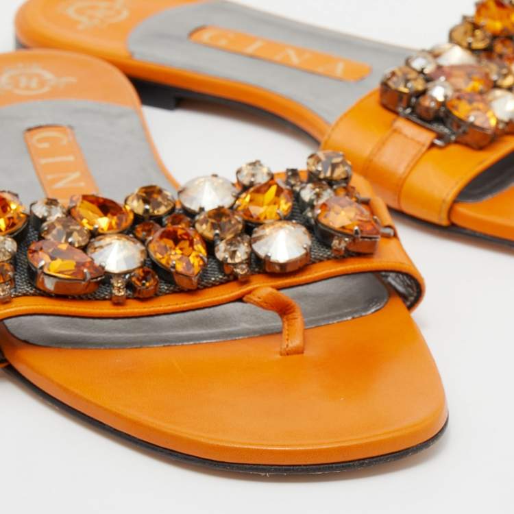Pre Owned Gina Orange Crystal Embellished Leather Thong Flats Size 38