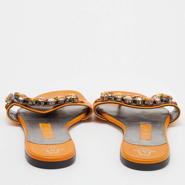 Pre Owned Gina Orange Crystal Embellished Leather Thong Flats Size 38