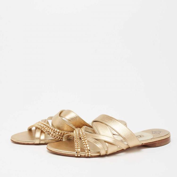 Pre Owned Gina Gold Leather Embellished Sandals Size 38