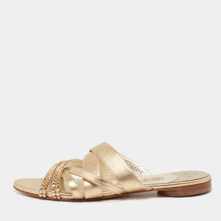 Pre Owned Gina Gold Leather Embellished Sandals Size 38