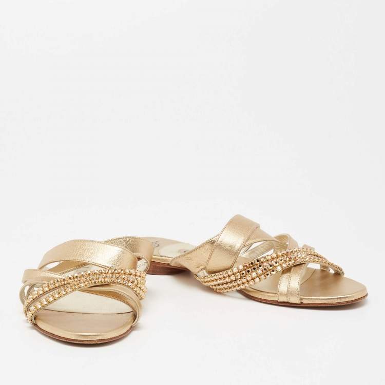 Pre Owned Gina Gold Leather Embellished Sandals Size 38