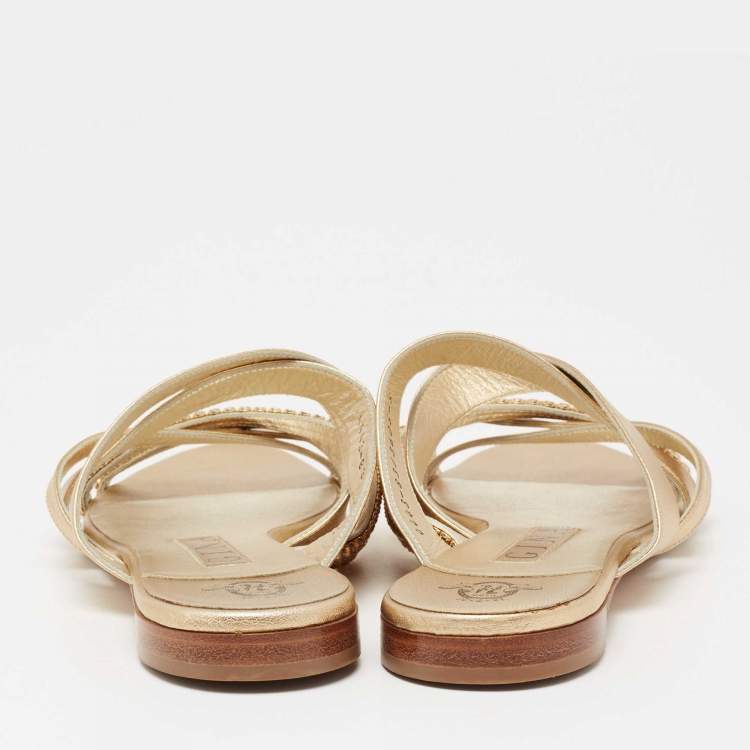 Pre Owned Gina Gold Leather Embellished Sandals Size 38