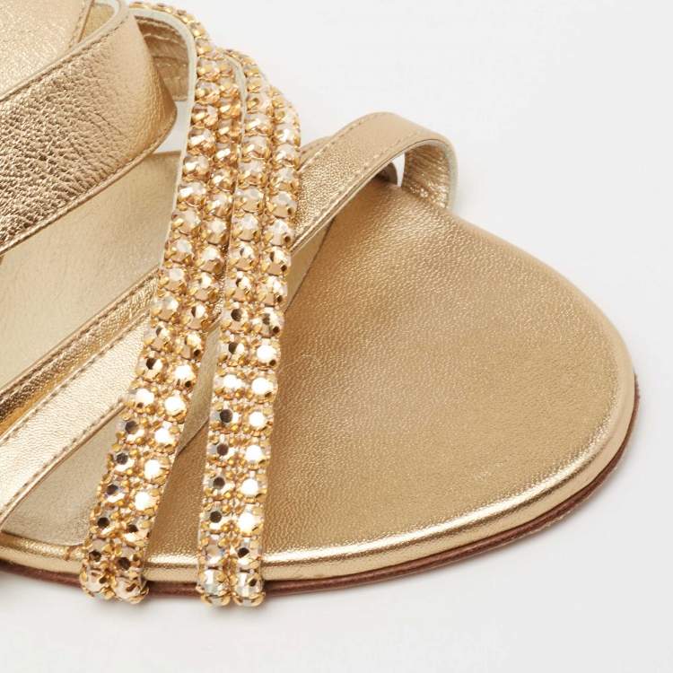 Pre Owned Gina Gold Leather Embellished Sandals Size 38