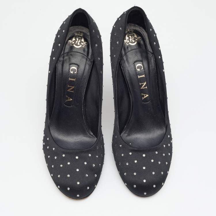 Pre Owned Gina Black Satin Crystal Embellished Pumps Size 38