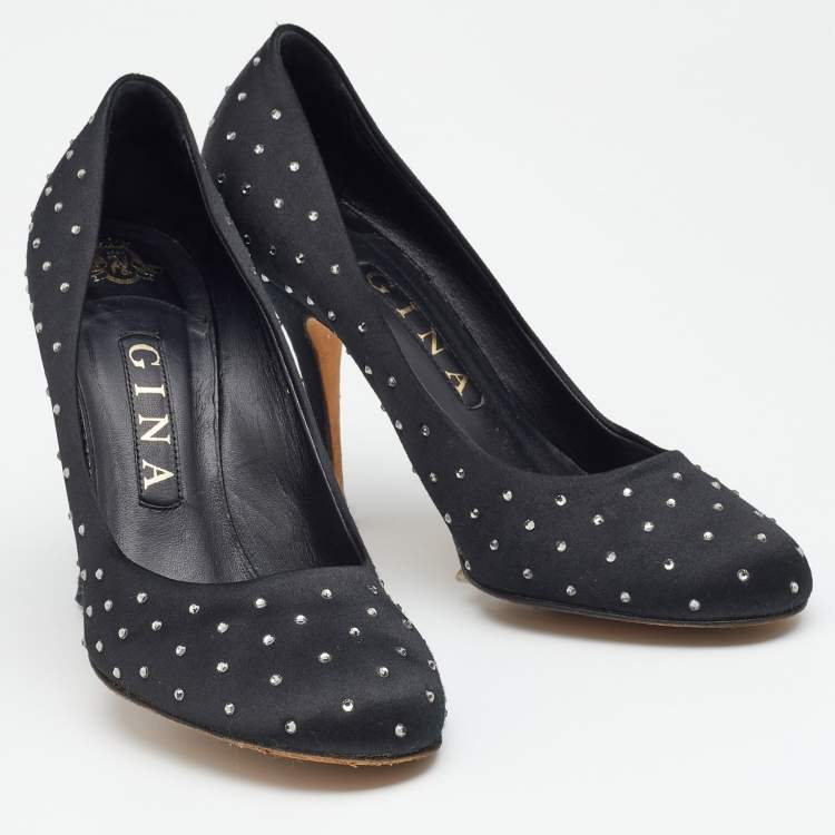 Pre Owned Gina Black Satin Crystal Embellished Pumps Size 38
