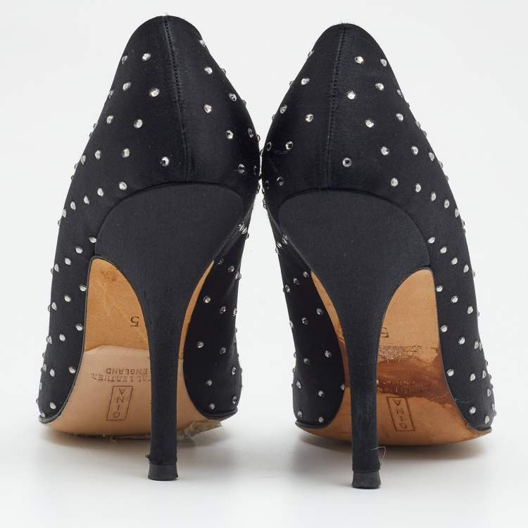 Pre Owned Gina Black Satin Crystal Embellished Pumps Size 38