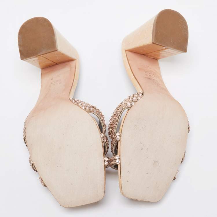 Pre Owned Gina Beige Croc Embossed Patent Leather Dakota Block Heel Sandals Size 38.5