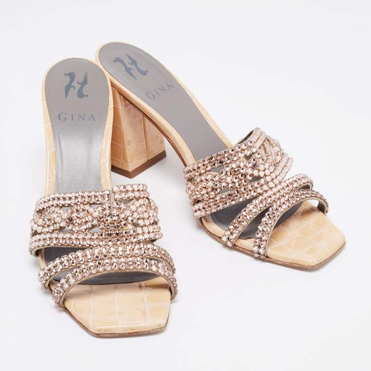 Pre Owned Gina Beige Croc Embossed Patent Leather Dakota Block Heel Sandals Size 38.5