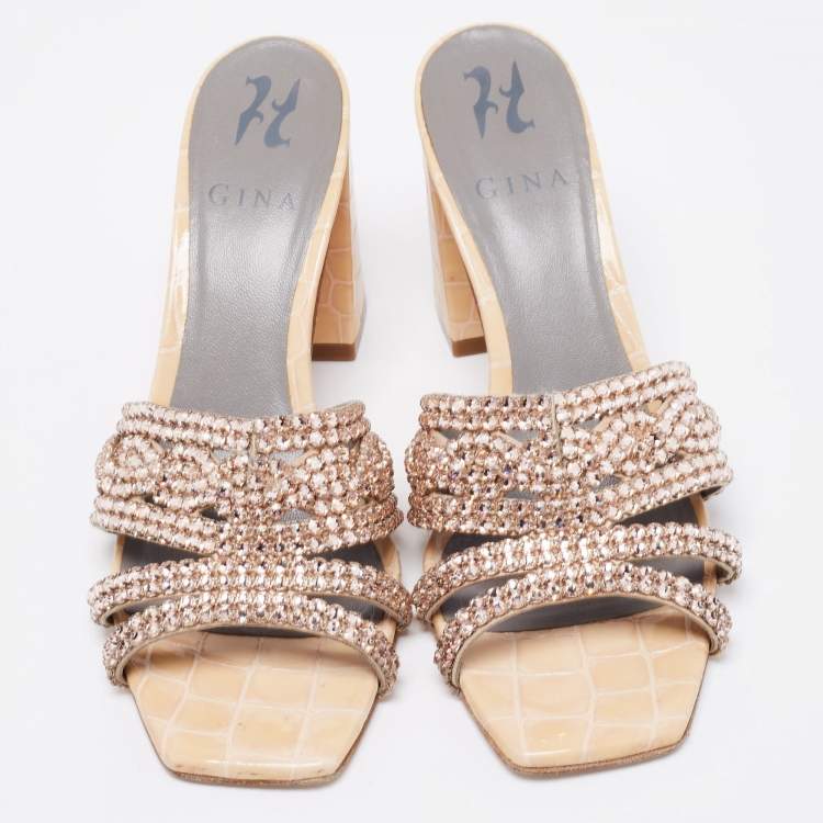 Pre Owned Gina Beige Croc Embossed Patent Leather Dakota Block Heel Sandals Size 38.5