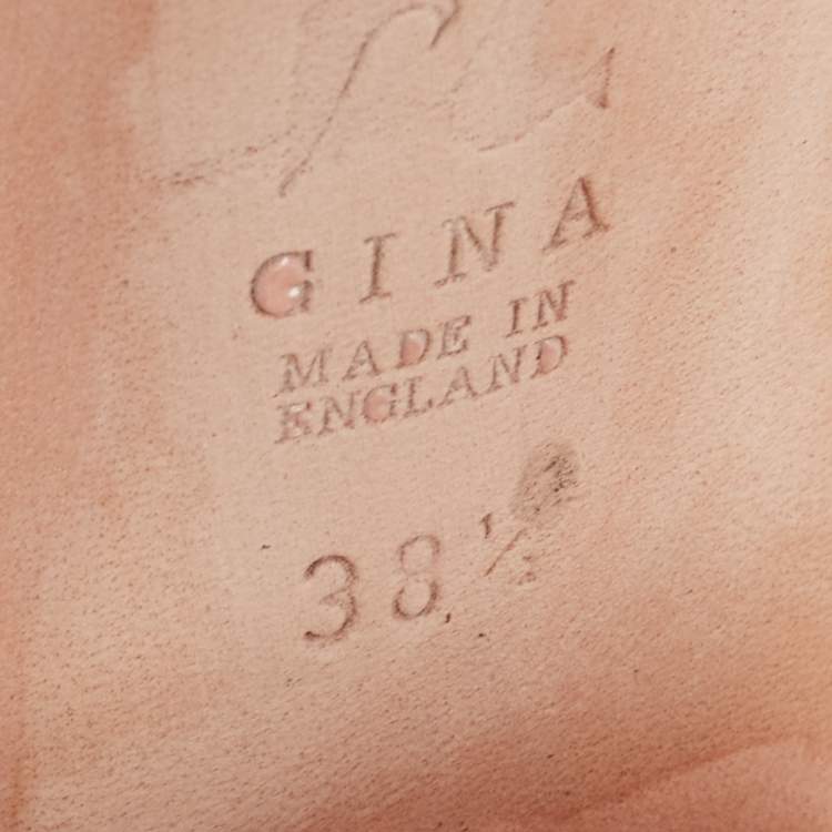 Pre Owned Gina Beige Croc Embossed Patent Leather Dakota Block Heel Sandals Size 38.5