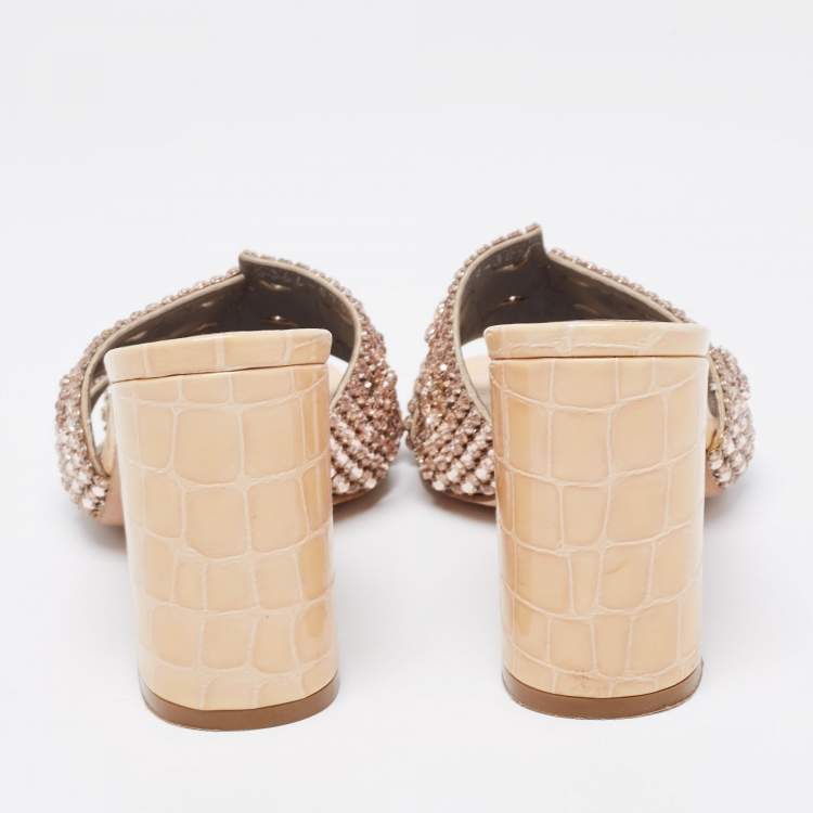 Pre Owned Gina Beige Croc Embossed Patent Leather Dakota Block Heel Sandals Size 38.5