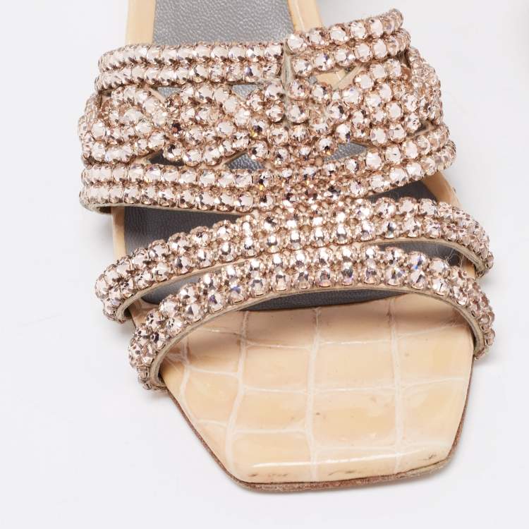 Pre Owned Gina Beige Croc Embossed Patent Leather Dakota Block Heel Sandals Size 38.5