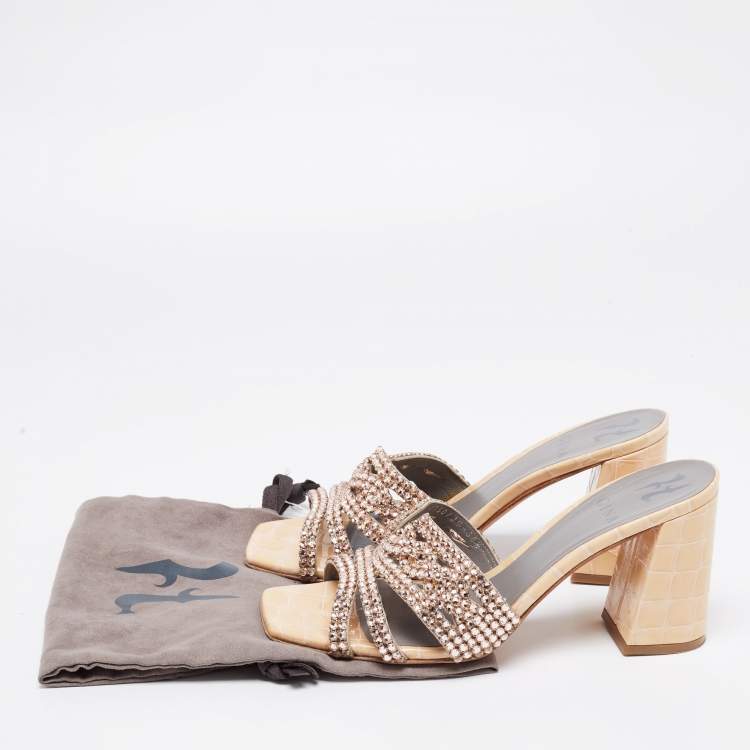 Pre Owned Gina Beige Croc Embossed Patent Leather Dakota Block Heel Sandals Size 38.5