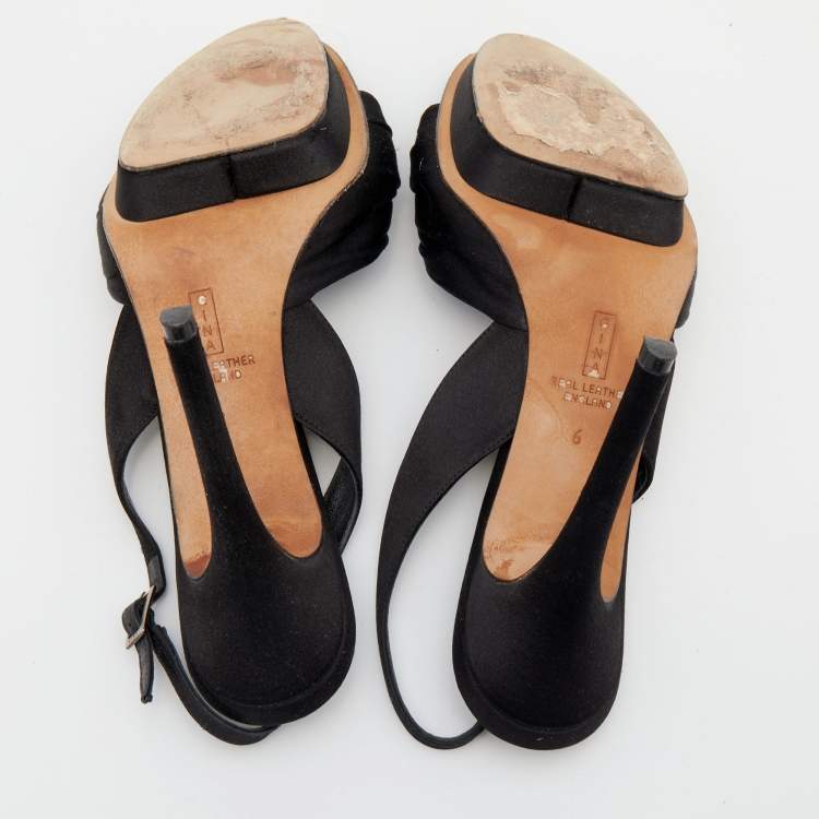 Pre Owned Gina Black Satin Crystal Embellished Slingback Sandals Size 39