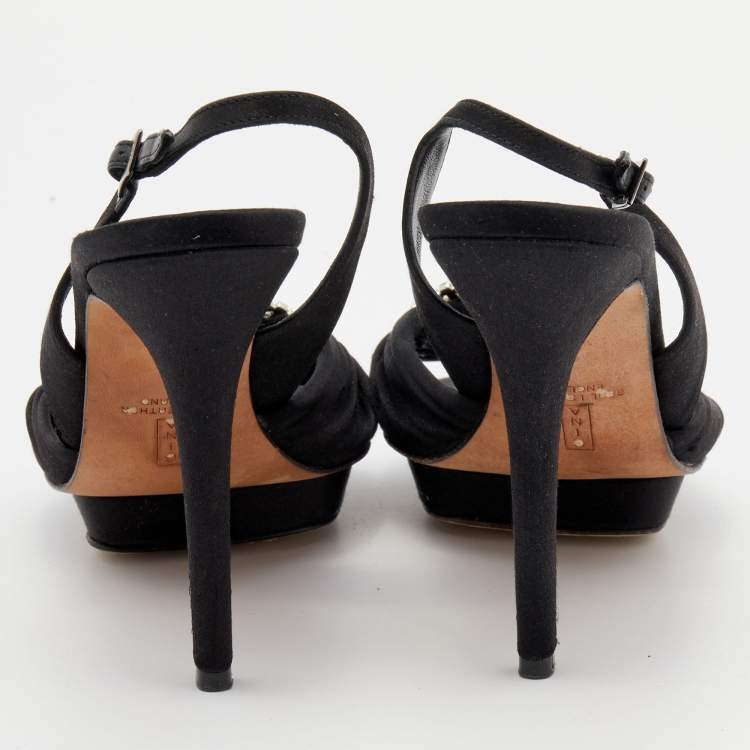 Pre Owned Gina Black Satin Crystal Embellished Slingback Sandals Size 39