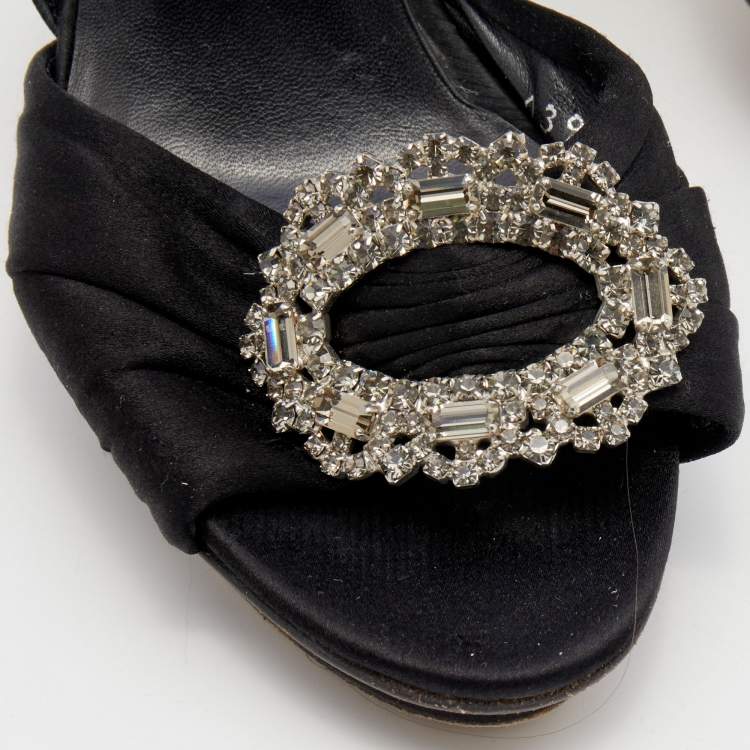 Pre Owned Gina Black Satin Crystal Embellished Slingback Sandals Size 39