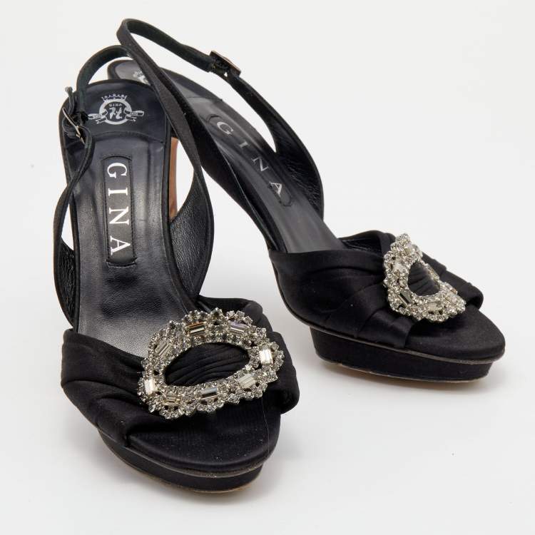 Pre Owned Gina Black Satin Crystal Embellished Slingback Sandals Size 39