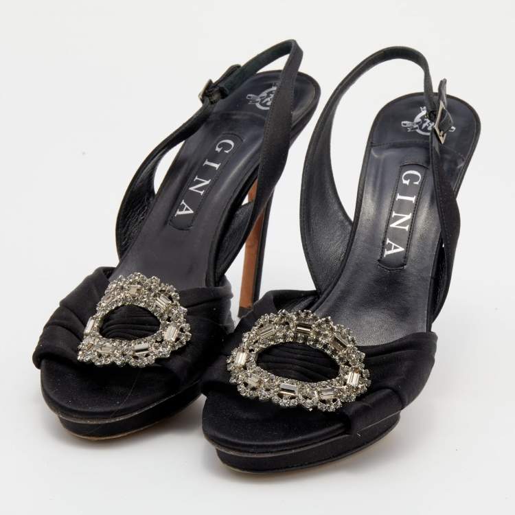Pre Owned Gina Black Satin Crystal Embellished Slingback Sandals Size 39