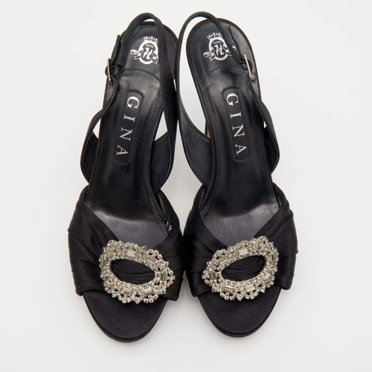Pre Owned Gina Black Satin Crystal Embellished Slingback Sandals Size 39