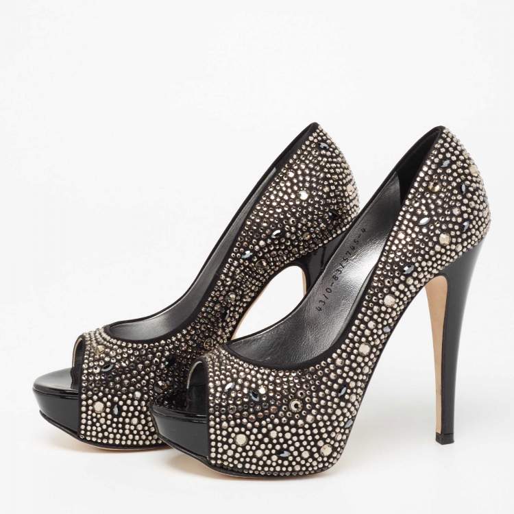Pre Owned Gina Black Satin Crystal Embellished Peep-Toe Platform Pumps Size 37