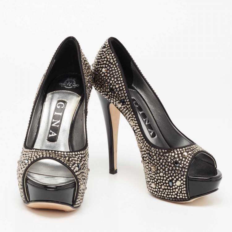 Pre Owned Gina Black Satin Crystal Embellished Peep-Toe Platform Pumps Size 37