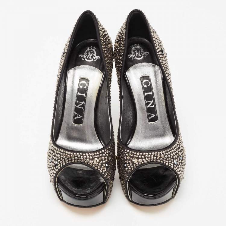 Pre Owned Gina Black Satin Crystal Embellished Peep-Toe Platform Pumps Size 37