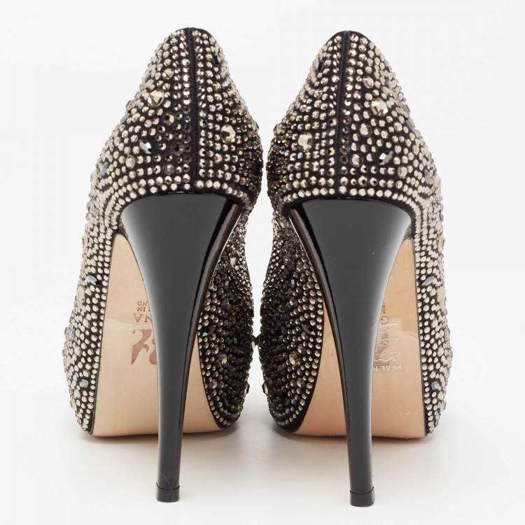 Pre Owned Gina Black Satin Crystal Embellished Peep-Toe Platform Pumps Size 37
