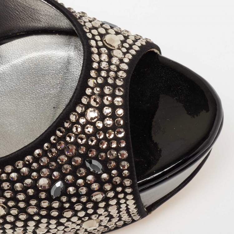 Pre Owned Gina Black Satin Crystal Embellished Peep-Toe Platform Pumps Size 37