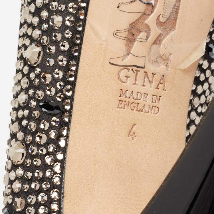 Pre Owned Gina Black Satin Crystal Embellished Peep-Toe Platform Pumps Size 37