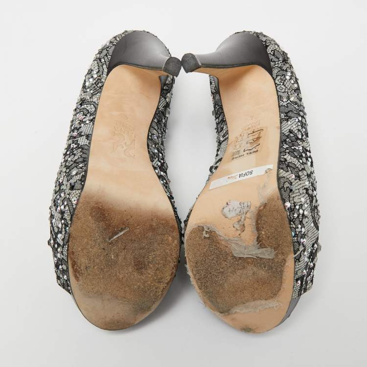 Pre Owned Gina Grey/Black Lace Crystal Embellished Open Peep  Platform Pumps Size 37