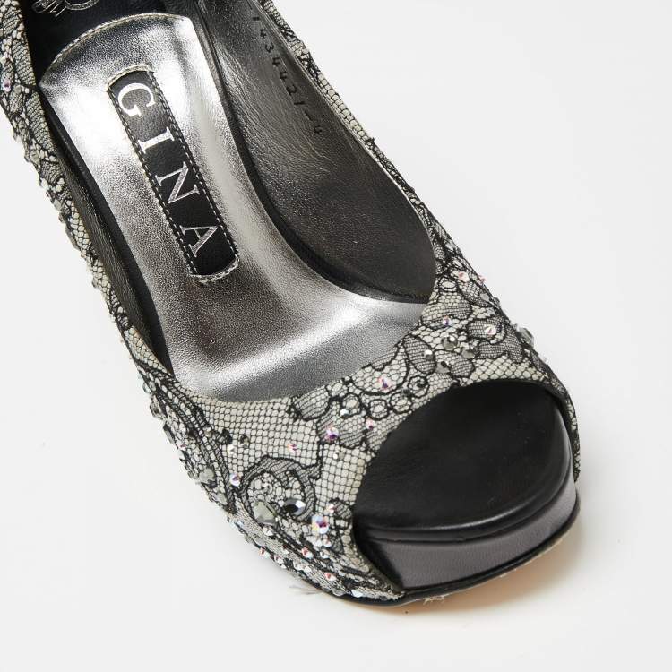Pre Owned Gina Grey/Black Lace Crystal Embellished Open Peep  Platform Pumps Size 37