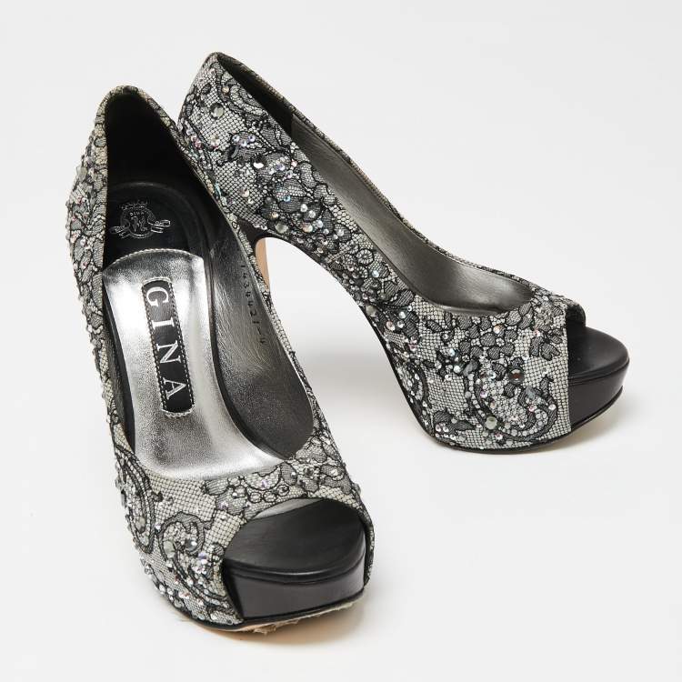 Pre Owned Gina Grey/Black Lace Crystal Embellished Open Peep  Platform Pumps Size 37