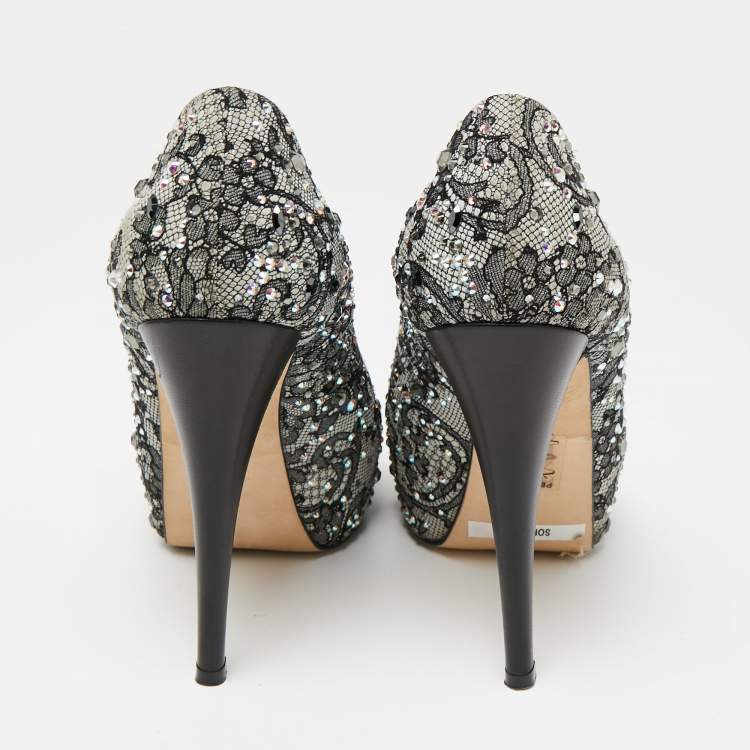 Pre Owned Gina Grey/Black Lace Crystal Embellished Open Peep  Platform Pumps Size 37