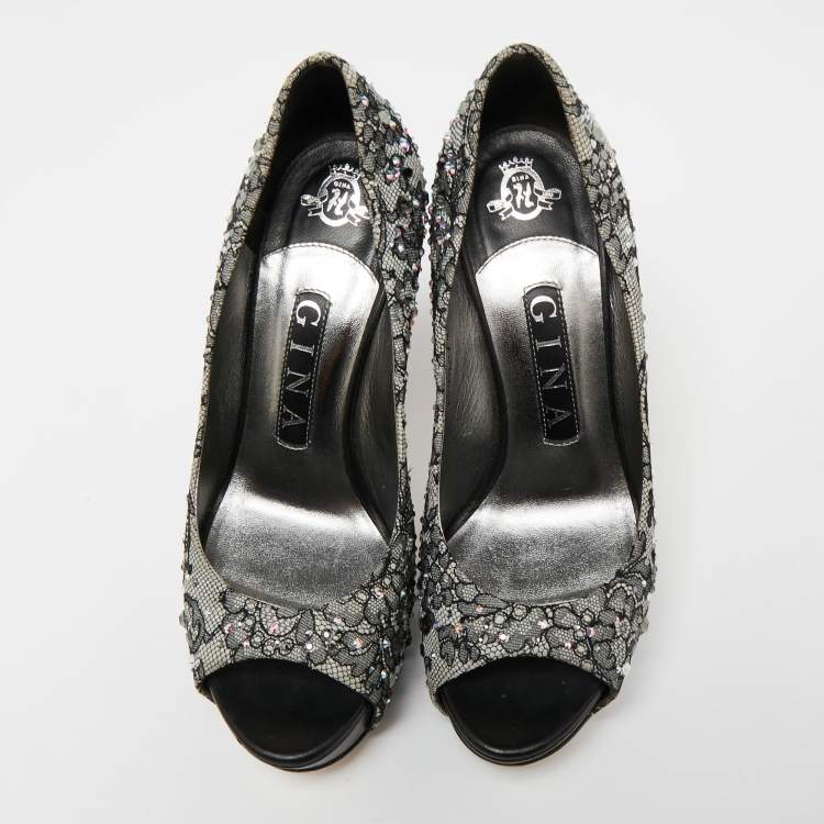 Pre Owned Gina Grey/Black Lace Crystal Embellished Open Peep  Platform Pumps Size 37