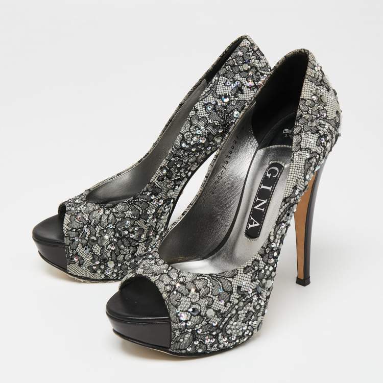 Pre Owned Gina Grey/Black Lace Crystal Embellished Open Peep  Platform Pumps Size 37